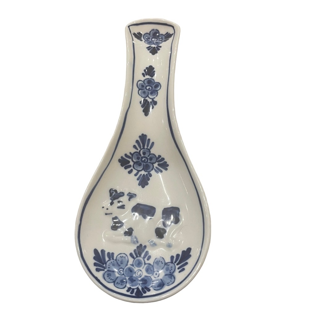 Delft Hand Painted Ceramic Spoon Rest Blue White Floral Cow Pattern 8" Pottery